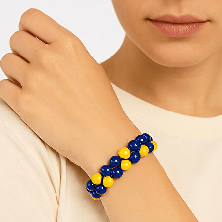 Çift Sıra Makrome Örgülü Küre Kesim Sarı Lacivert Jade Doğaltaş Kadın Taraftar Bileklik