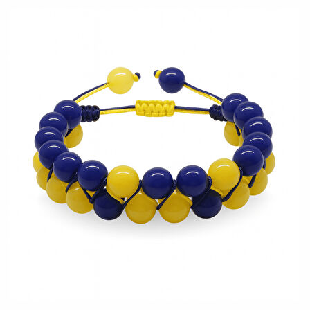 Çift Sıra Makrome Örgülü Küre Kesim Sarı Lacivert Jade Doğaltaş Kadın Taraftar Bileklik