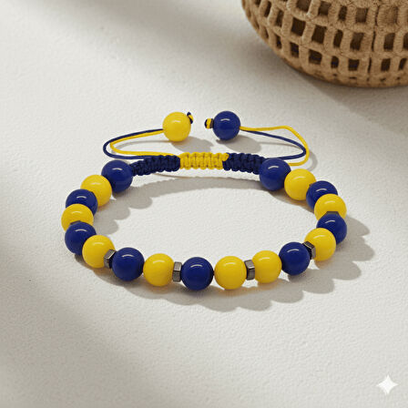 Makrome Örgülü Küre Kesim Sarı Lacivert Jade Hematit Doğaltaş Kadın Taraftar Bileklik