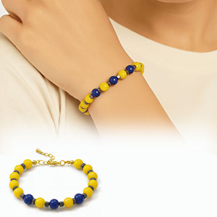 Gold Renk Metal Zincirli Küre Kesim Sarı Lacivert Jade Hematit Doğaltaş Kadın Taraftar Bileklik