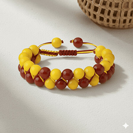 Çift Sıra Makrome Örgülü Küre Kesim Sarı Kırmızı Jade Akik Hematit Doğaltaş Kadın Taraftar Bileklik