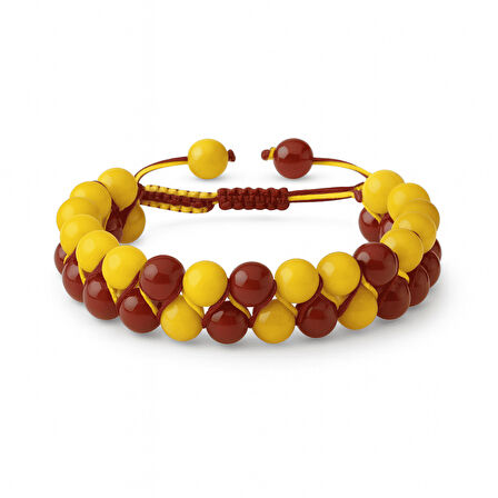 Çift Sıra Makrome Örgülü Küre Kesim Sarı Kırmızı Jade Akik Hematit Doğaltaş Kadın Taraftar Bileklik