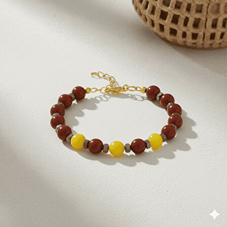 Gold Renk Metal Zincirli Küre Kesim Sarı Kırmızı Jade Akik Hematit Doğaltaş Kadın Taraftar Bileklik