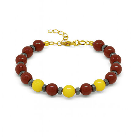 Gold Renk Metal Zincirli Küre Kesim Sarı Kırmızı Jade Akik Hematit Doğaltaş Kadın Taraftar Bileklik