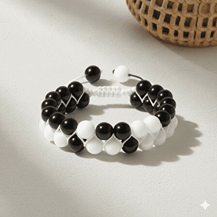 Çift Sıra Makrome Örgülü Küre Kesim Siyah Beyaz Jade Oniks Doğaltaş Kadın Taraftar Bileklik