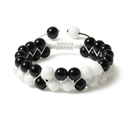 Çift Sıra Makrome Örgülü Küre Kesim Siyah Beyaz Jade Oniks Doğaltaş Kadın Taraftar Bileklik