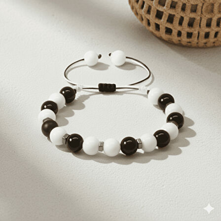 Makrome Örgülü Küre Kesim Siyah Beyaz Jade Oniks Hematit Doğaltaş Kadın Taraftar Bileklik