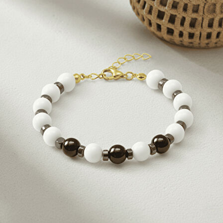 Gold Renk Metal Zincirli Küre Kesim Siyah Beyaz Jade Oniks Hematit Doğaltaş Kadın Taraftar Bileklik