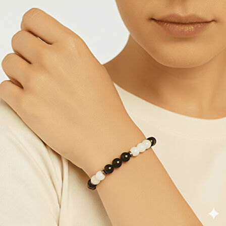 Küre Kesim Siyah Beyaz Jade Oniks Hematit Doğaltaş Kadın Taraftar Bileklik