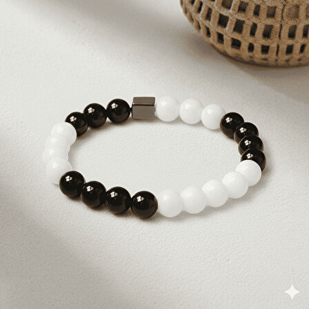 Küre Kesim Siyah Beyaz Jade Oniks Hematit Doğaltaş Kadın Taraftar Bileklik