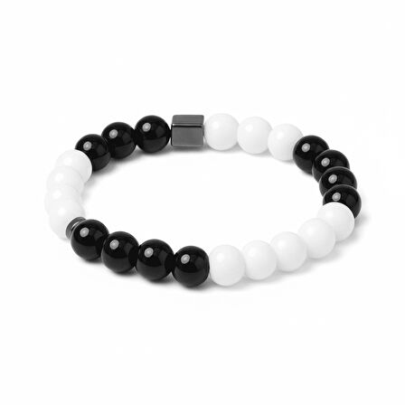 Küre Kesim Siyah Beyaz Jade Oniks Hematit Doğaltaş Kadın Taraftar Bileklik