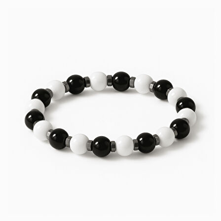Küre Kesim Siyah Beyaz Jade Oniks Hematit Doğaltaş Kadın Taraftar Bileklik M2