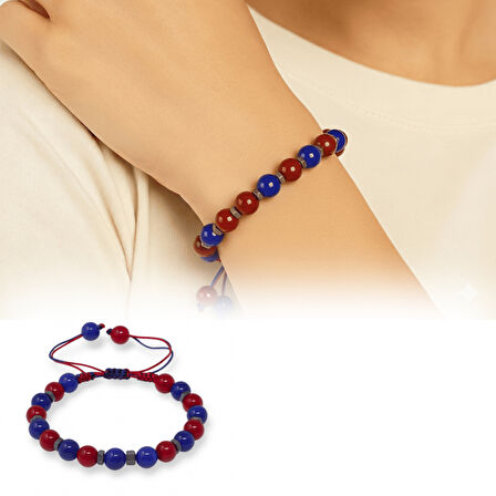 Makrome Örgülü Küre Kesim Bordo Mavi Jade Hematit Doğaltaş Kadın Taraftar Bileklik