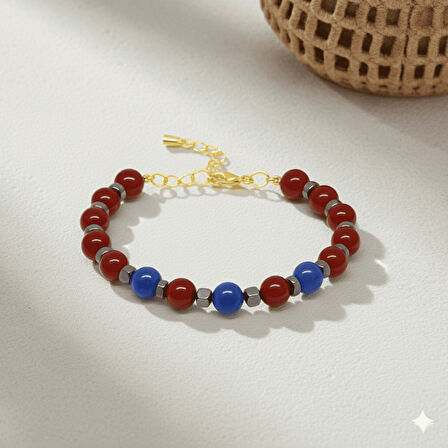 Gold Renk Kararmaz Metal Zincir Küre Kesim Bordo Mavi Jade Hematit Doğaltaş Kadın Taraftar Bileklik