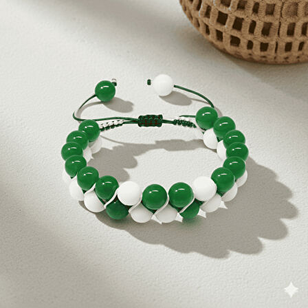 Çift Sıra Makrome Örgülü Küre Kesim Yeşil Beyaz Jade Doğaltaş Kadın Taraftar Bileklik