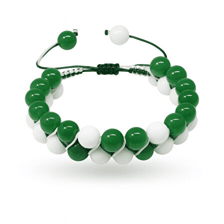 Çift Sıra Makrome Örgülü Küre Kesim Yeşil Beyaz Jade Doğaltaş Kadın Taraftar Bileklik