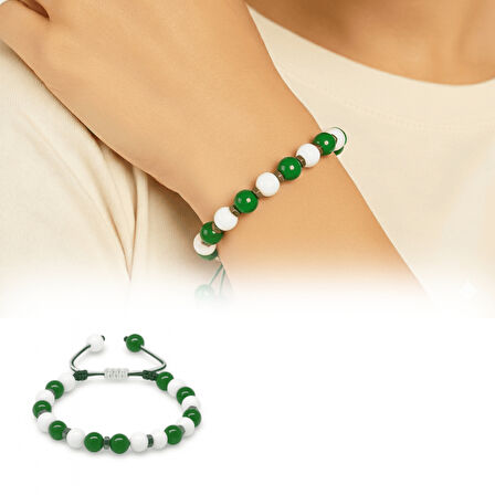 Makrome Örgülü Küre Kesim Yeşil Beyaz Jade Hematit Doğaltaş Kadın Taraftar Bileklik