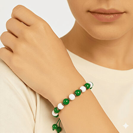 Makrome Örgülü Küre Kesim Yeşil Beyaz Jade Hematit Doğaltaş Kadın Taraftar Bileklik