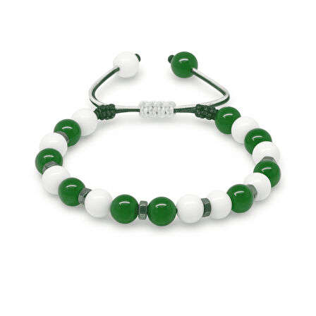 Makrome Örgülü Küre Kesim Yeşil Beyaz Jade Hematit Doğaltaş Kadın Taraftar Bileklik