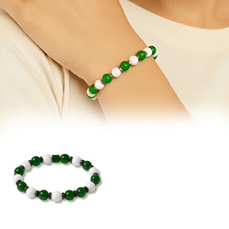 Küre Kesim Yeşil Beyaz Jade Doğaltaş Kadın Taraftar Bileklik M2