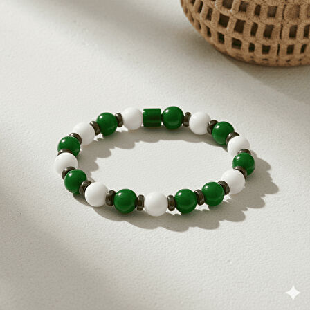 Küre Kesim Yeşil Beyaz Jade Doğaltaş Kadın Taraftar Bileklik M2