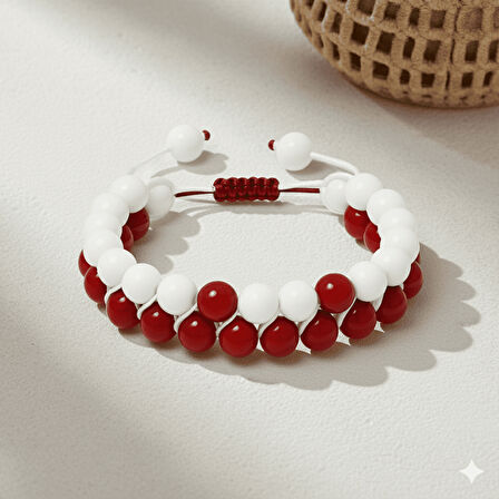 Çift Sıra Makrome Örgülü Küre Kesim Kırmızı Beyaz Jade Akik Doğaltaş Kadın Taraftar Bileklik