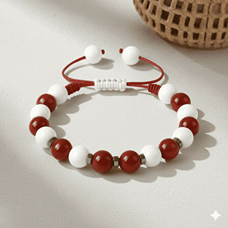 Makrome Örgülü Küre Kesim Kırmızı Beyaz Jade Akik Hematit Doğaltaş Kadın Taraftar Bileklik