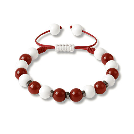 Makrome Örgülü Küre Kesim Kırmızı Beyaz Jade Akik Hematit Doğaltaş Kadın Taraftar Bileklik