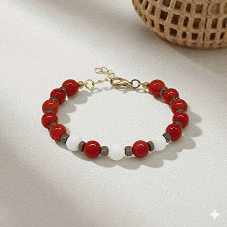 Gold Renk Metal Zincirli Küre Kesim Kırmızı Beyaz Jade Akik Hematit Doğaltaş Kadın Taraftar Bileklik