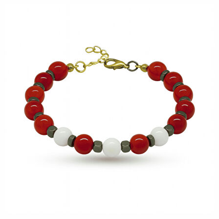 Gold Renk Metal Zincirli Küre Kesim Kırmızı Beyaz Jade Akik Hematit Doğaltaş Kadın Taraftar Bileklik