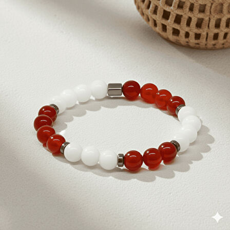 Küre Kesim Kırmızı Beyaz Jade Akik Hematit Doğaltaş Kadın Taraftar Bileklik