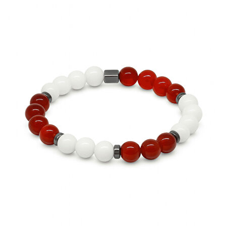 Küre Kesim Kırmızı Beyaz Jade Akik Hematit Doğaltaş Kadın Taraftar Bileklik