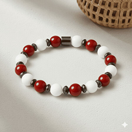 Küre Kesim Kırmızı Beyaz Jade Akik Hematit Doğaltaş Kadın Taraftar Bileklik M2