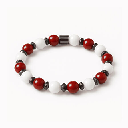 Küre Kesim Kırmızı Beyaz Jade Akik Hematit Doğaltaş Kadın Taraftar Bileklik M2