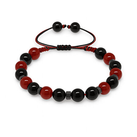 Makrome Örgülü Küre Kesim Kırmızı Siyah Akik Oniks Hematit Doğaltaş Kadın Taraftar Bileklik