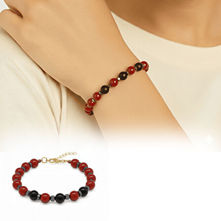 Gold Renk Metal Zincir Küre Kesim Kırmızı Siyah Akik Oniks Hematit Doğaltaş Kadın Taraftar Bileklik