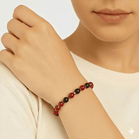 Gold Renk Metal Zincir Küre Kesim Kırmızı Siyah Akik Oniks Hematit Doğaltaş Kadın Taraftar Bileklik