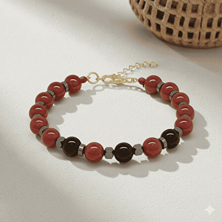 Gold Renk Metal Zincir Küre Kesim Kırmızı Siyah Akik Oniks Hematit Doğaltaş Kadın Taraftar Bileklik