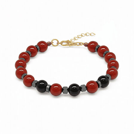Gold Renk Metal Zincir Küre Kesim Kırmızı Siyah Akik Oniks Hematit Doğaltaş Kadın Taraftar Bileklik