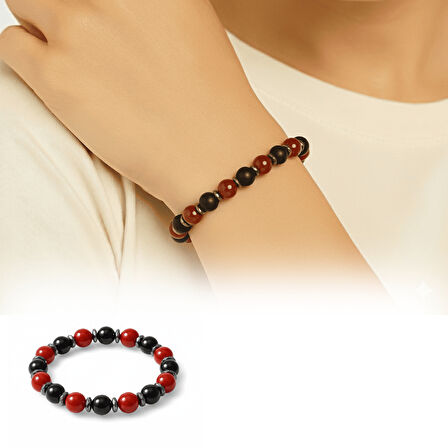 Küre Kesim Kırmızı Siyah Akik Oniks Hematit Doğaltaş Kadın Taraftar Bileklik M2