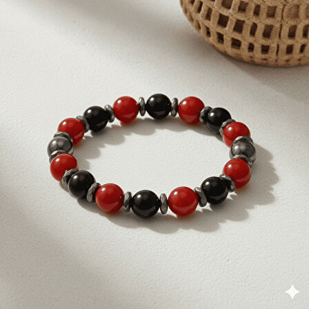 Küre Kesim Kırmızı Siyah Akik Oniks Hematit Doğaltaş Kadın Taraftar Bileklik M2