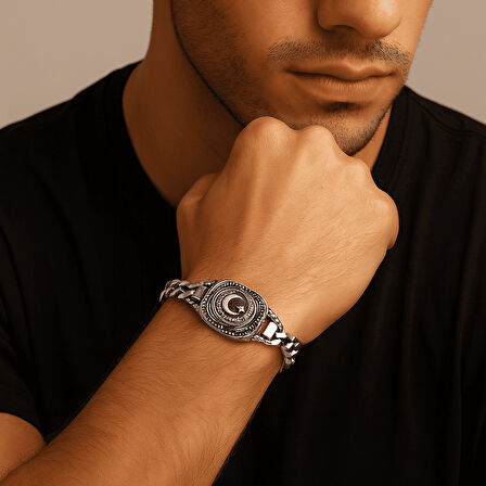 Ayyıldız Temalı Gurmet Zincirli 925 Ayar Gümüş Erkek Bileklik