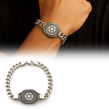 Mühr-i Süleyman İşlemeli Gurmet Zincirli 925 Ayar Gümüş Erkek Bileklik