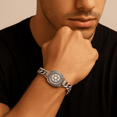 Mühr-i Süleyman İşlemeli Gurmet Zincirli 925 Ayar Gümüş Erkek Bileklik