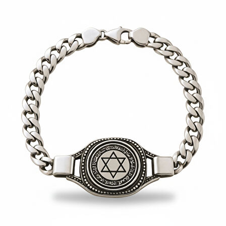 Mühr-i Süleyman İşlemeli Gurmet Zincirli 925 Ayar Gümüş Erkek Bileklik