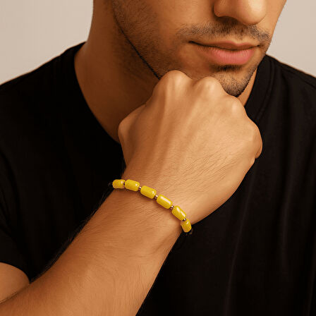 Makrome Örgülü Kapsül Kesim Sarı Beyaz Renkli King Seccer Damla Kehribar Erkek Bileklik