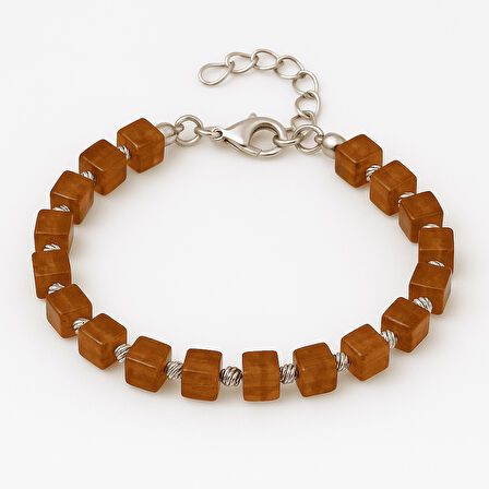 Gümüş Renk Metal Zincirli Dorika Top Süsleme Küp Kesim Bal Rengi Doğal Damla Kehribar Erkek Bileklik