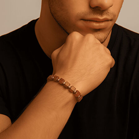 Gümüş Renk Metal Zincirli Dorika Top Süsleme Küp Kesim Bal Rengi Doğal Damla Kehribar Erkek Bileklik