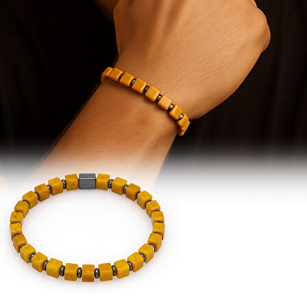 Hematit Doğaltaş Kombinli Küp Kesim Hardal Rengi Doğal Damla Kehribar Erkek Bileklik