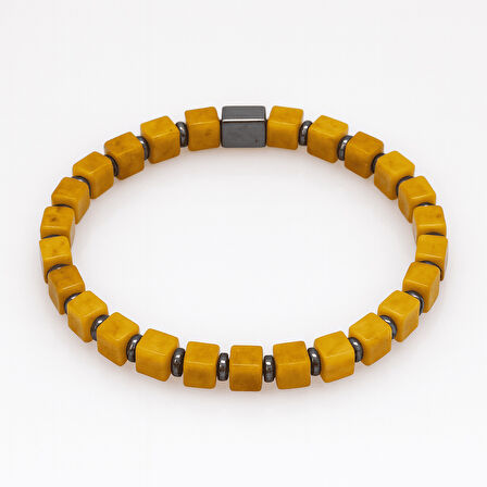 Hematit Doğaltaş Kombinli Küp Kesim Hardal Rengi Doğal Damla Kehribar Erkek Bileklik